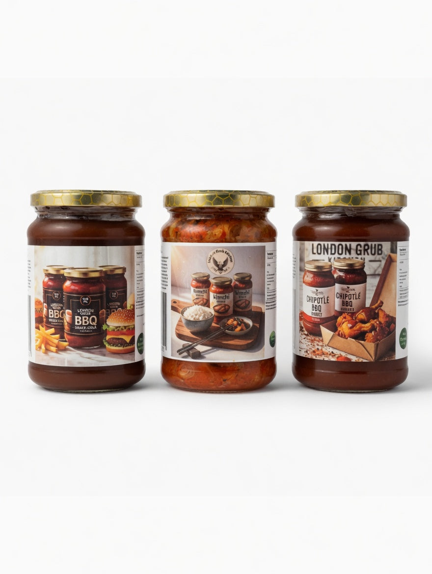 London Grub Kitchen Gourmet Trio Gift Box – BBQ Cola Sauce, Chipotle BBQ & Handmade Kimchi