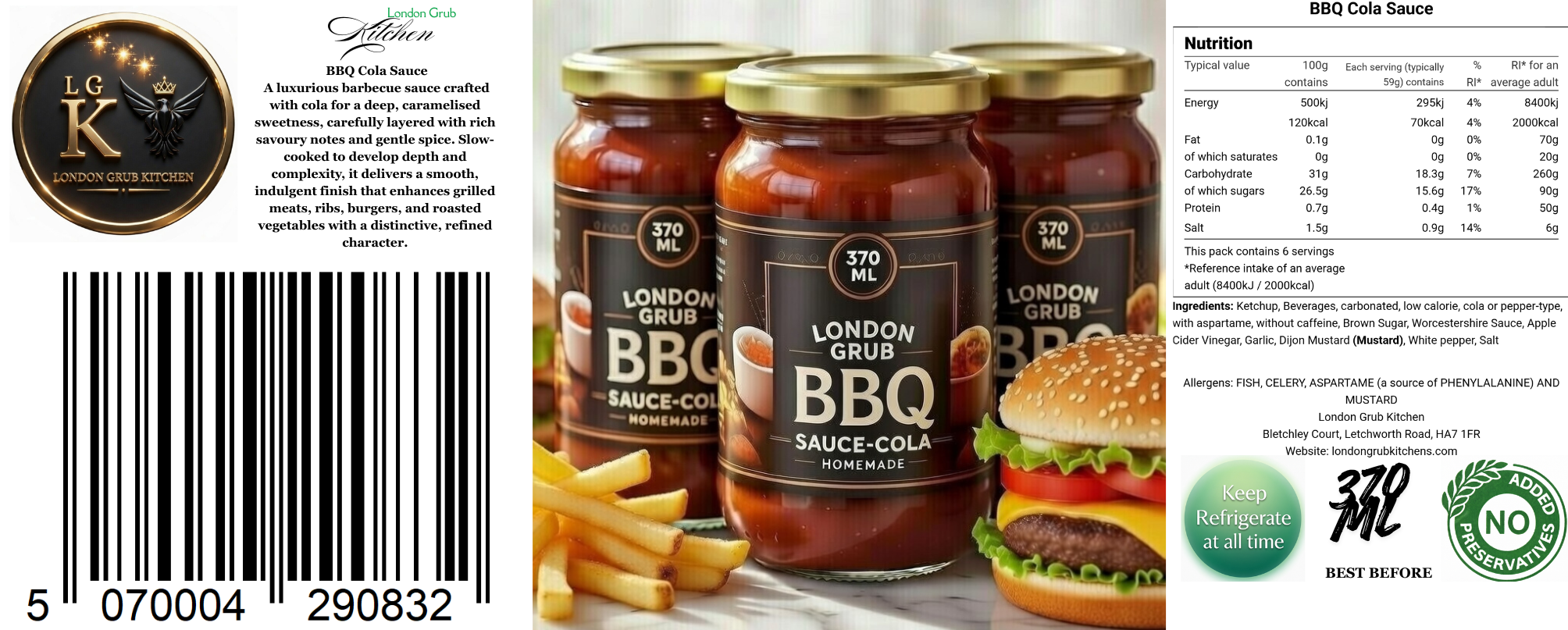 London Grub Kitchen Gourmet Trio Gift Box – BBQ Cola Sauce, Chipotle BBQ & Handmade Kimchi
